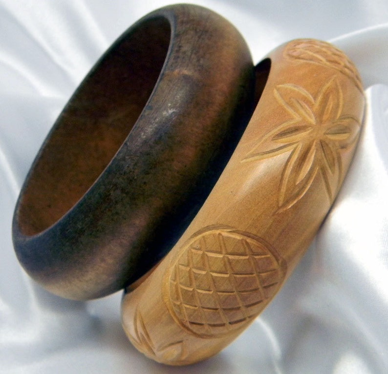 Vintage and Handmade Chunky Wooden Boho Bangles Blonde Carved Floral Pattern and Plain Dark Stained Wood Wild or Mild Woman Wear