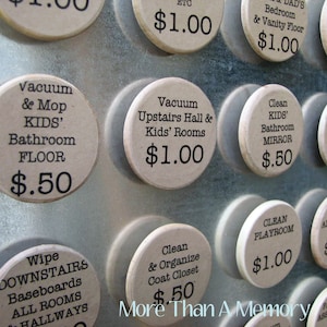 May include: A price list for cleaning services, with prices listed on round, white labels. The labels are attached to a metal surface. The services include vacuuming, mopping, cleaning bathrooms, and cleaning playrooms. The prices range from $0.50 to $5.00.