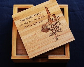Engraved Bamboo Coasters: Wine Friends Gift Set