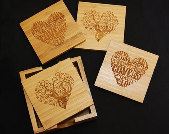Engraved Bamboo Heart Coasters: Drink Coaster Gift Set, Set of 5