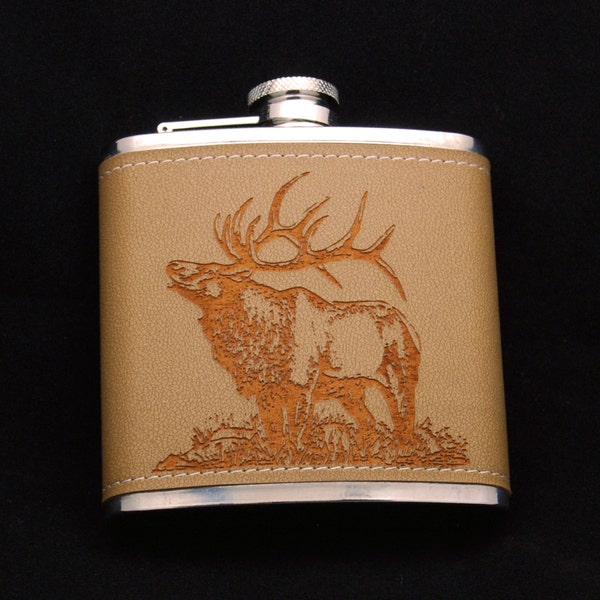 Men's Leather Engraved Flask, Elk, Gifts for Men, Liquor Flask, Hip Flask