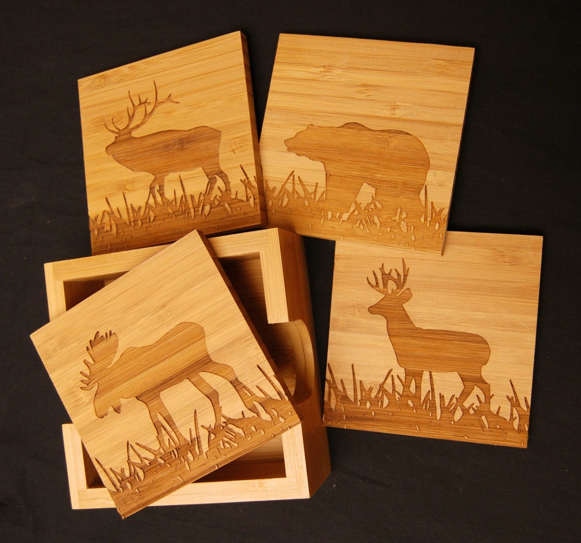 Bear Moose Elk Deer Wood Coasters Coaster Gift Set Etsy