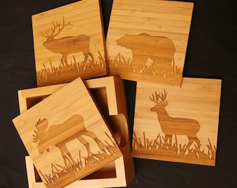 Engraved Wood Coaster Set: Bear, Moose, Elk, Deer - Hunter Gift