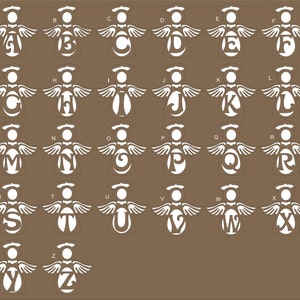 May include: A set of 26 white angel ornaments, each featuring a different letter of the alphabet on the front. The angels are all the same size and shape, with a halo and wings.