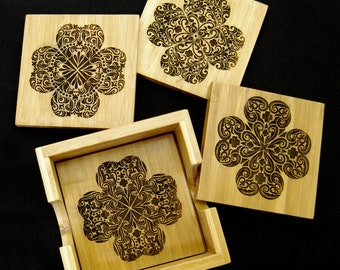 Celtic Clover, Scottish,  Bamboo Wood, Coaster Gift Set, Celtic Knotwork