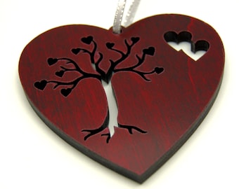 Custom, Personalized Red Wood Heart, Tree of Life, Christmas Tree Decoration