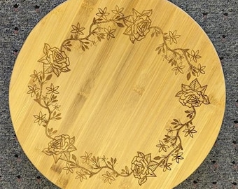 Rose Design Lazy Susan, Bamboo Wood Lazy Susan, Housewarming Gift, Wedding Present, Gift for Home