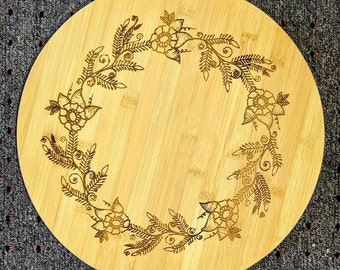 Flower Design Bamboo Lazy Susan - Engraved Table Centerpiece