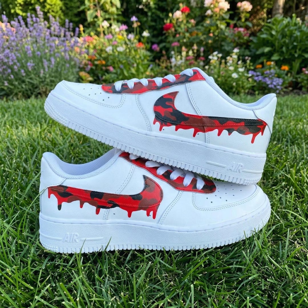 Custom Hand Painted Red Camo Drip Air Force 1 Sneakers, Red Black AF1 ...