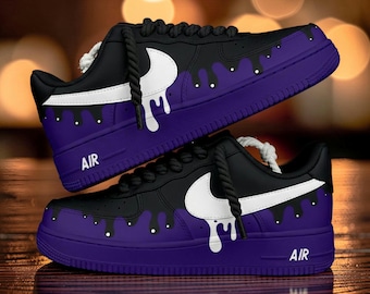 Custom Hand-Painted Air Force 1 Sneakers: Purple Black Drip Streetwear Shoes, Rope Laces