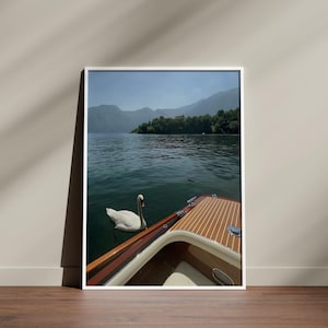 May include: A framed print featuring a serene lake scene. A white swan glides on the water near a wooden boat. Mountains and lush greenery form the backdrop under a clear sky. The boat's wooden deck is visible.