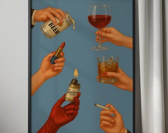 Póster de cóctel con estética azul, ilustración de lápiz labial y whisky, descarga digital, póster de cerveza, arte de whisky, arte mural moderno.