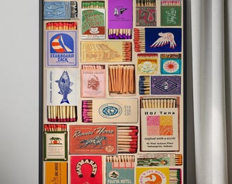 Impresión retro de caja de cerillas, póster colorido de caja de cerillas, arte mural moderno, descarga digital, arte mural de caja de cerillas, póster de la colección de cajas de cerillas