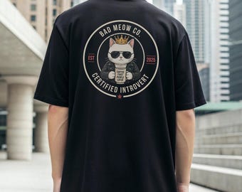 Bad Meow Co Certified Introvert Badge T-Shirt | Funny Introvert Gift | Sarcastic Cat Tee | Antisocial Cat Shirt