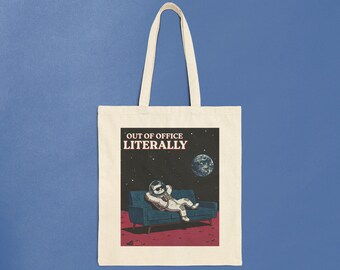 Sac fourre-tout « Hors du bureau » (littéralement) | Sac en toile chat astronaute | Sac fourre-tout humoristique pour le télétravail | Cadeau pour amoureux des chats | Bad Meow Co