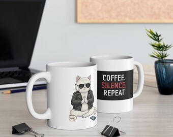 Coffee Silence Repeat Cat Mug | Funny Introvert Gift | Sarcastic Coffee Mug | Cat Lover Gift | Antisocial Mug