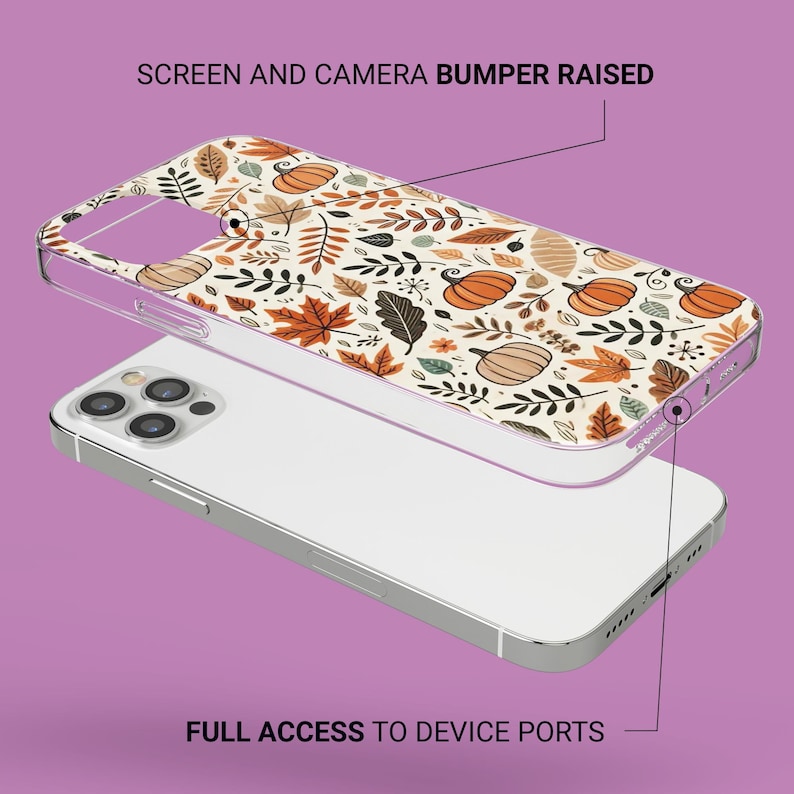 Puede incluir: Una funda transparente para tel&eacute;fono con un estampado oto&ntilde;al de calabazas, hojas y follaje en colores naranja, marr&oacute;n y crema. La funda se muestra sobre un smartphone blanco. El texto "SCREEN AND CAMERA BUMPER RAISED" y "FULL ACCESS TO DEVICE PORTS" son visibles.