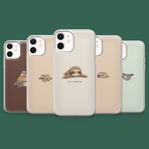 May include: A collection of five phone cases with sloth illustrations. The cases are in various colors, including brown, beige, and green. One case features a sloth with the text "I'll do it tomorrow."