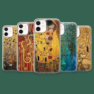 May include: Five phone cases showcasing Gustav Klimt's art. The cases feature iconic paintings like "The Kiss" and others, using gold, red, and blue hues. These cases are designed to fit a smartphone, offering artistic protection.