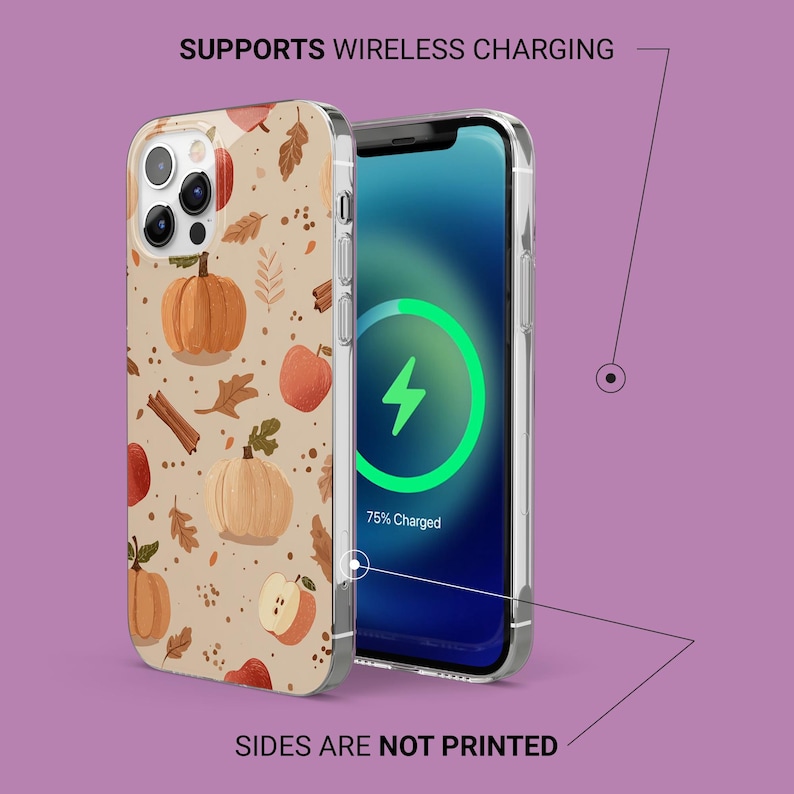 Puede incluir: Funda transparente para tel&eacute;fono con un dise&ntilde;o oto&ntilde;al de calabazas, manzanas y hojas. La pantalla del tel&eacute;fono muestra un s&iacute;mbolo de carga. El texto en la funda dice "SUPPORTS WIRELESS CHARGING" y "SIDES ARE NOT PRINTED".