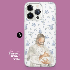Puede incluir: Funda transparente para tel&eacute;fono con una ilustraci&oacute;n en acuarela de una figura sosteniendo un cordero, sobre un fondo floral. La funda tiene el texto "Cases With Vibe" y el n&uacute;mero "3".