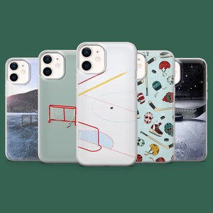 May include: Five phone cases with hockey-themed designs. The cases feature images of a hockey rink, a hockey net, and a pattern of hockey equipment. The cases are in a row against a dark green background.