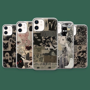 Könnte beinhalten: Eine Sammlung von fünf Handyhüllen mit einzigartigen Collage-Designs. Jede Hülle hat einen transparenten Rand und zeigt schwarz-weiße Illustrationen, darunter Augen, Figuren und abstrakte Muster. Die Hüllen sind in einer Reihe vor einem grünen Hintergrund angeordnet.