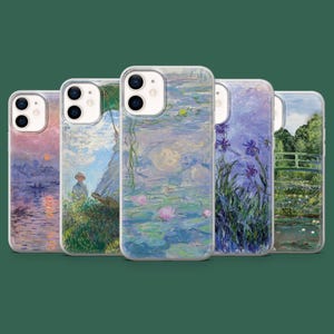 May include: A collection of five clear phone cases featuring famous Impressionist paintings. The artwork includes scenes of water lilies, a bridge, and landscapes with figures, in shades of blue, green, purple, and pink.