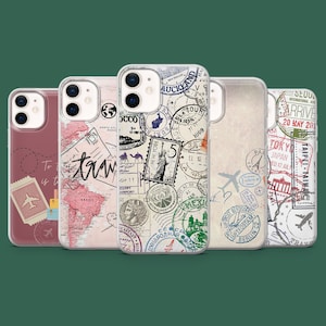 May include: A selection of phone cases with travel-themed designs. Each case displays a unique collage of stamps, maps, and travel-related graphics in various colours. The cases are designed to fit a smartphone.