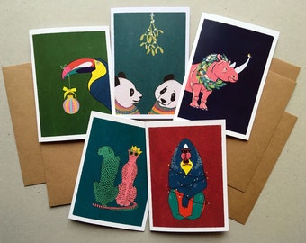 Illustrated Animal Christmas Cards | Colourful | Colorful | Unique | Toucan Cheetah Panda Rhino Monkey | Recycled | Pack of 5 or 10