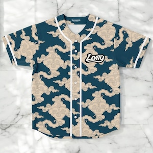 Levity Baseball Jersey, Cream Cloud Pattern Rave Shirt, Chill EDM Festival Top, Streetwear Unisex