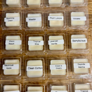 May include: A collection of wax melts in clear plastic containers, each labeled with a different scent name. Scents include "Santal," "Island Escape," "The Ritz," and "Fresh Linen." The wax melts are a light yellow color.