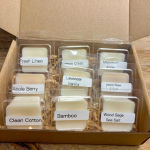 May include: A cardboard box filled with wax melt cubes in individual clear plastic containers. Each cube has a label with a different scent name, including "Fresh Linen," "Lemon Crazy," and "Macintosh Apple."