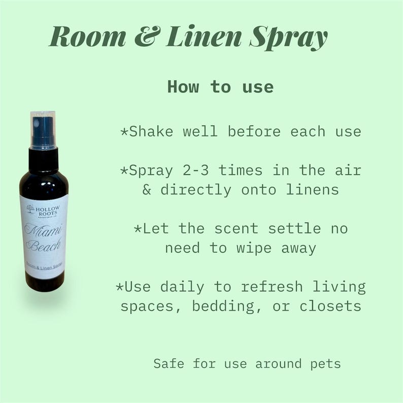May include: A dark glass bottle of "Miami Beach" room and linen spray. The label includes the Hollow Roots logo. Instructions for use are listed, including shaking before use and spraying in the air and on linens.