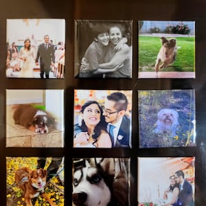 May include: Nine square photo tiles with various images. The photos include wedding scenes, people hugging, and dogs. The photos are in color and black and white, and are arranged in a 3x3 grid.