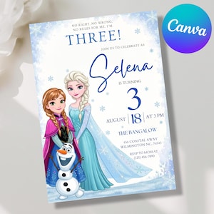 Può includere: Un biglietto d'invito per compleanno con illustrazioni di due sorelle e un pupazzo di neve su sfondo azzurro con fiocchi di neve. Il testo include: No right, no wrong, no rules for me. I'm THREE! Selena is turning 3, August 18.