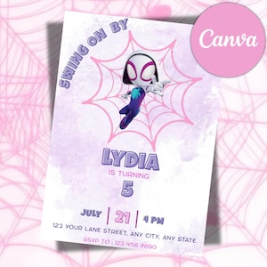 Editable Ghost Spider Birthday Invitation, Gwen Birthday invitation, Spider-Verse girl birthday invite, Girls Birthday party Invite Template