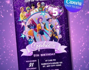 Kpop Demon Hunters Birthday Invitation, Kpop Anime Invite, K Pop Warriors Invitation, Editable Canva Template (Digital Download)