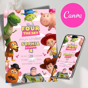 May include: A pink birthday invitation card and a smartphone displaying the same design, featuring cartoon characters including a green dinosaur, a three-eyed alien, a pig, a cowgirl, a cowboy, a potato figure, and a space ranger with text.