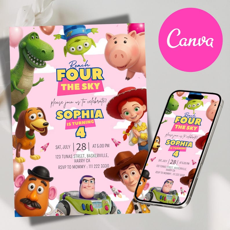 May include: A pink birthday invitation card and a smartphone displaying the same design, featuring cartoon characters including a green dinosaur, a three-eyed alien, a pig, a cowgirl, a cowboy, a potato figure, and a space ranger with text.