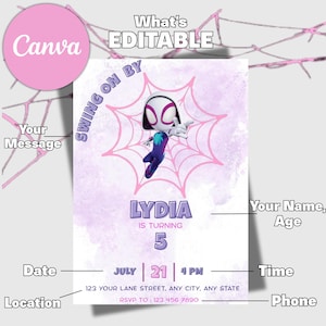 Invitación de cumpleaños editable de Ghost Spider, invitación de cumpleaños de Gwen, invitación de cumpleaños de Spider-Verse para niñas, plantilla de invitación para fiesta de cumpleaños de niñas imagen 6