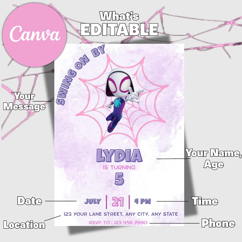 Invitación de cumpleaños editable de Ghost Spider, invitación de cumpleaños de Gwen, invitación de cumpleaños de Spider-Verse para niñas, plantilla de invitación para fiesta de cumpleaños de niñas imagen 6
