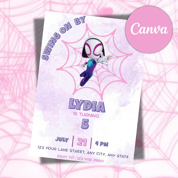 Editable Ghost Spider Birthday Invitation, Gwen Birthday invitation, Spider-Verse girl birthday invite, Girls Birthday party Invite Template