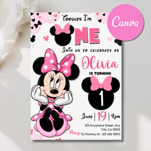 Redigerbar Minnie Mouse 1-årsdagsinbjudan, rosa prinsessa Canva-mall (digital nedladdning)