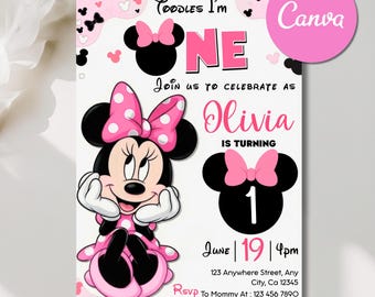 Invitación editable de Minnie Mouse para el primer cumpleaños, plantilla de Canva de princesa rosa (descarga digital)