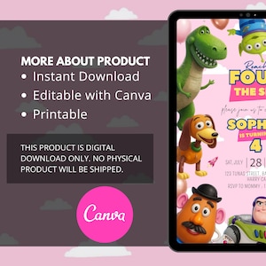 May include: A digital birthday invitation template featuring cartoon characters including a green dinosaur, a brown dog, a potato-shaped figure, and a space ranger. The pink background includes text for a party for Sophie turning 4 on July 28.