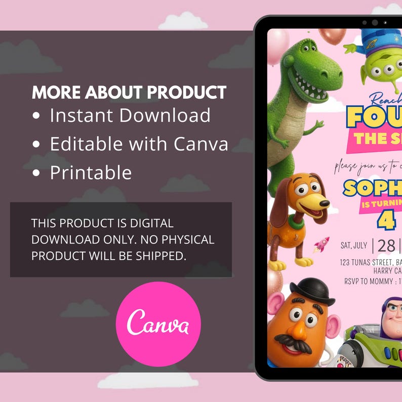 May include: A digital birthday invitation template featuring cartoon characters including a green dinosaur, a brown dog, a potato-shaped figure, and a space ranger. The pink background includes text for a party for Sophie turning 4 on July 28.