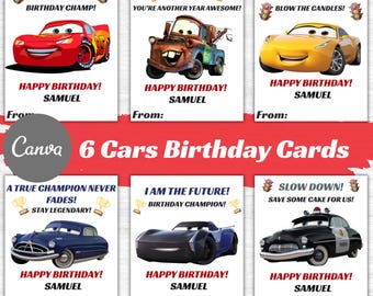 Bearbeitbare Geschenkkarten zum Geburtstag mit Autos, Geschenkanhänger mit Autos für Geburtstage, druckbare Gastgeschenkanhänger für Kinderpartys, Sofort-Download, Canva-Vorlage
