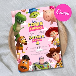 Editable Pink Reach Four The Sky Birthday Invitation for Girl, Digital Download Toy Story 4th Birthday Theme Invite, CANVA Template