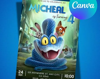 Zootopia 2 Geburtstagseinladung, Zootopia Party einladen, Zootopia Judy Nick Gary De'Snake Geburtstagseinladung, Tierthema Party einladen